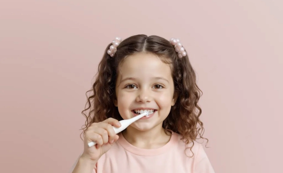 meisje die haar tanden poetst met elektrische kindertandenborstel